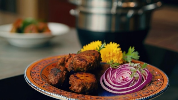 Photo a plate of food with flowers and a plate of food on it