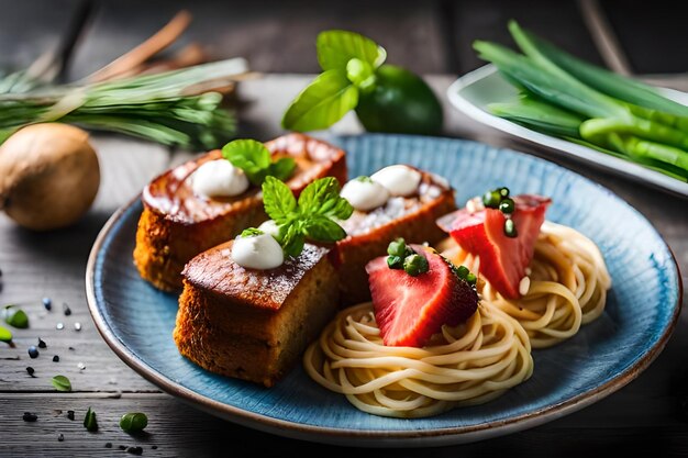 Foto un piatto di cibo con del cibo sopra