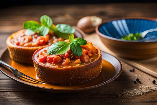 その上にフォークと食べ物のボウルがある食べ物の皿