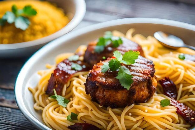 A plate of food with a fork and a bowl of rice with a fork