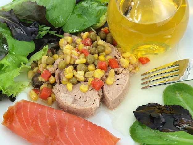 A plate of food with a fork and a glass of wine