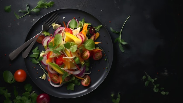 フォークが置かれた食べ物の皿とその上に野菜の皿。