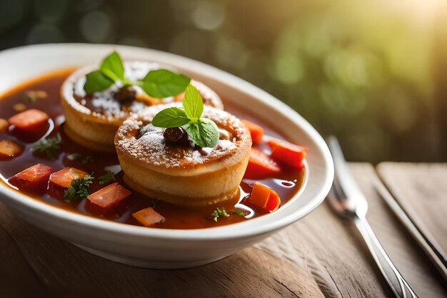 A plate of food with a fork and knife on the table