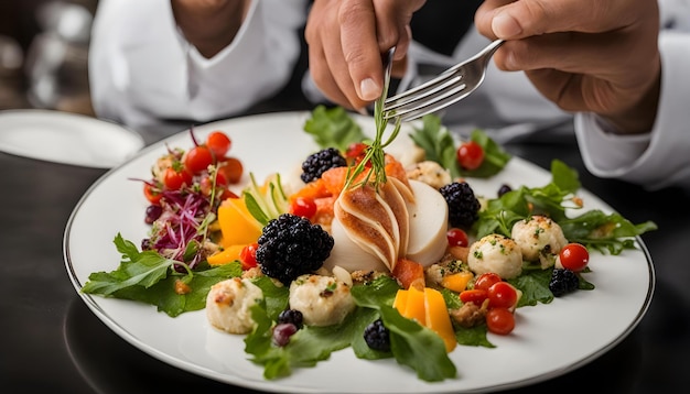 Foto a plate of food with a fork and a person holding a knife
