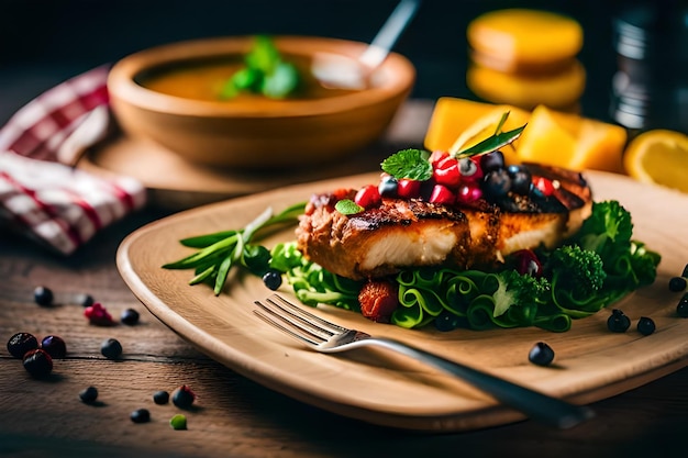 A plate of food with a fork and a piece of fish on it