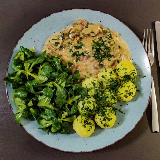 A plate of food with a fork and a plate of food on it.