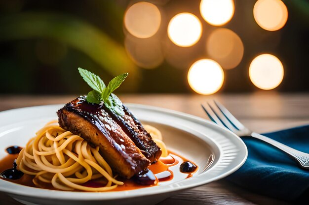 a plate of food with a fork and a plate of food with spaghetti and a fork.