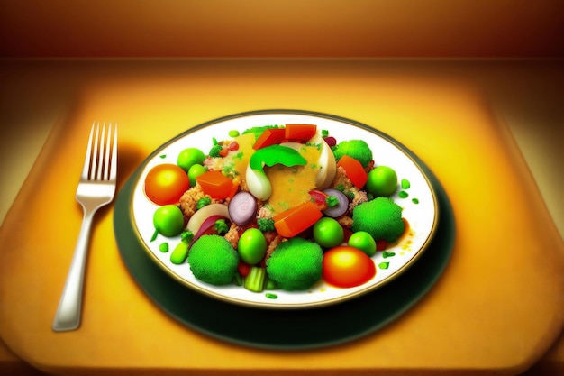 Тарелка еды с вилкой и тарелка овощей.