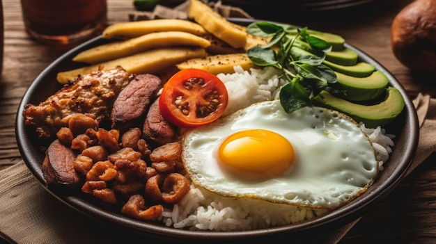 A plate of food with a fried egg and beans