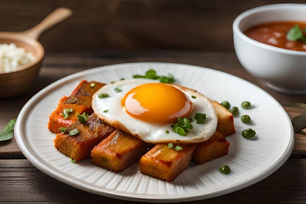 A plate of food with a fried egg on top