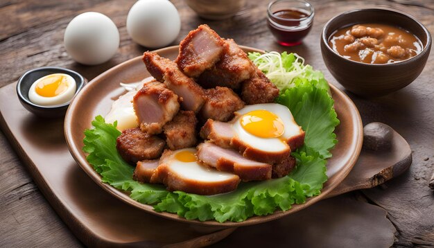 Photo a plate of food with fried eggs and lettuce