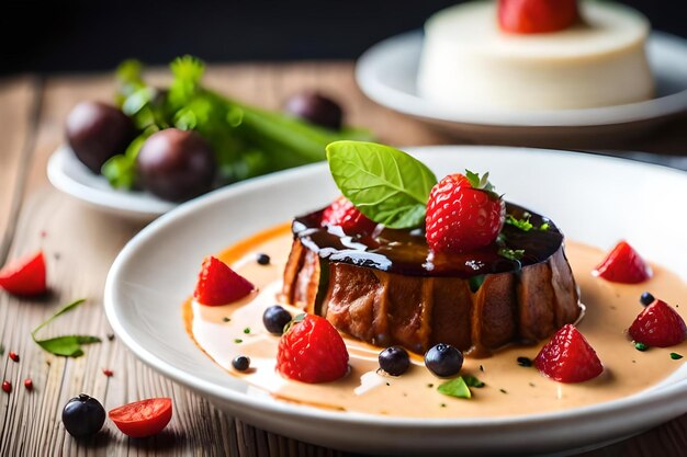 Photo a plate of food with fruit and chocolate on it