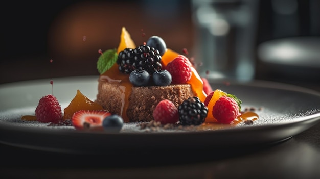 A plate of food with a fruit dish on it