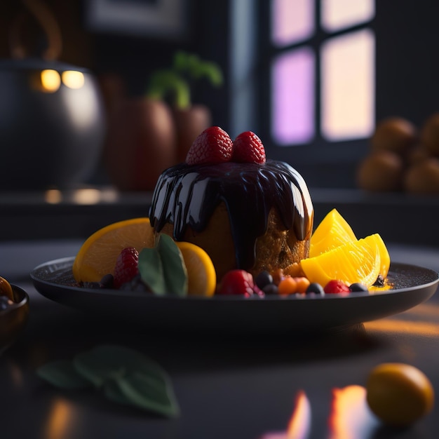 A plate of food with a fruit on it and a pumpkin in the background.