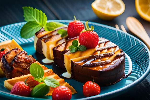 a plate of food with fruit and a lemon wedge on the top.