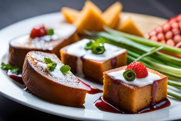 a plate of food with fruit and a slice of cake on it