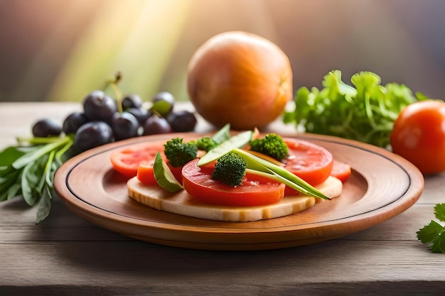 a plate of food with a fruit and vegetables on it