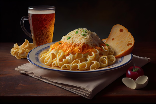 A plate of food with a glass of beer and a plate of macaroni and cheese.