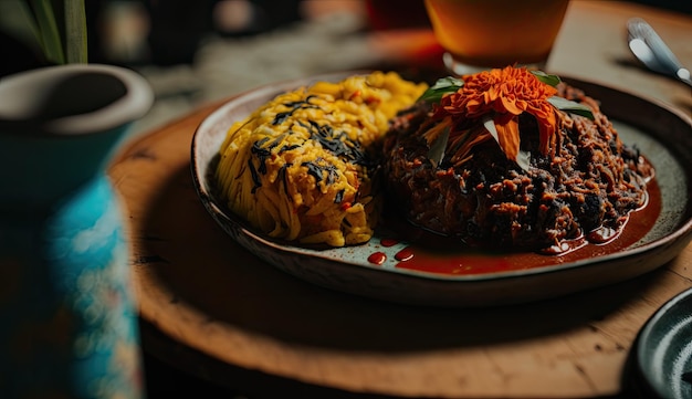 A plate of food with a glass of beer on the side