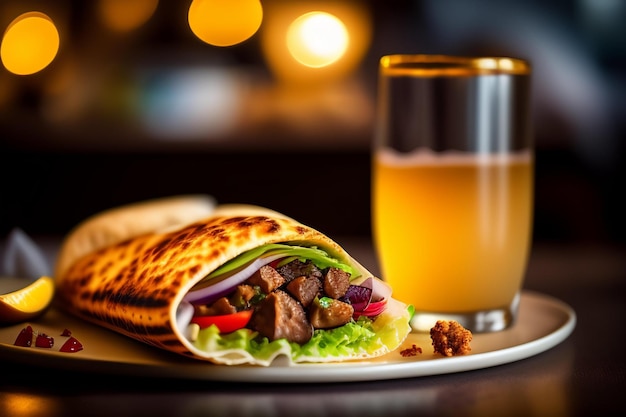 A plate of food with a glass of beer on the side