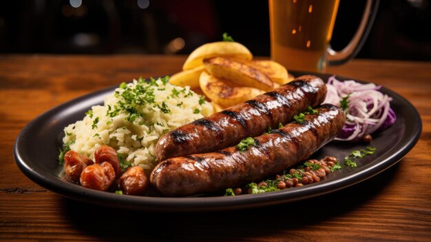 Photo a plate of food with a glass of beer