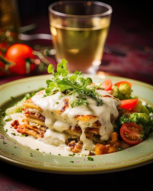 Photo a plate of food with a glass of wine in the background