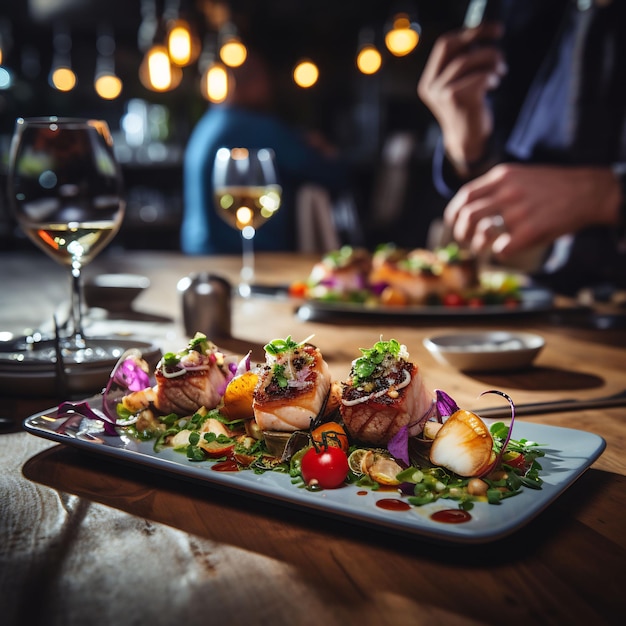 a plate of food with a glass of wine in the background