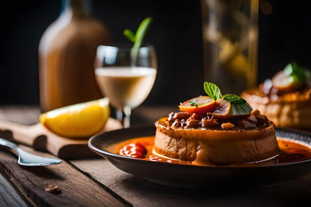 a plate of food with a glass of wine and a lemon on the table