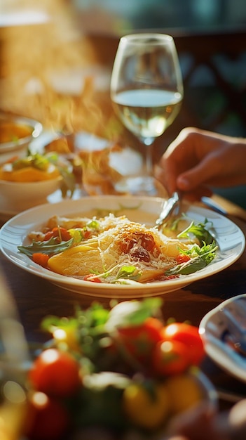 Foto un piatto di cibo con un bicchiere di vino e una persona che mangia cibo