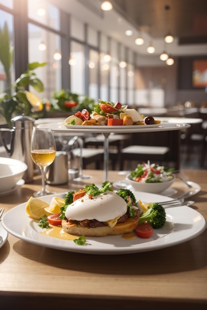 A plate of food with a glass of wine on the table