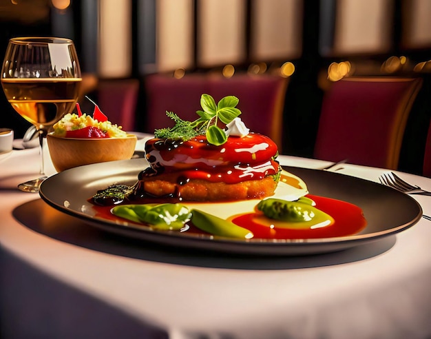 Photo a plate of food with a glass of wine on the table