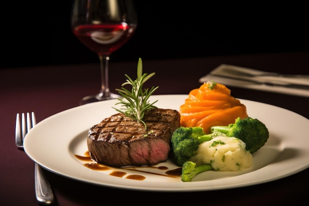 a plate of food with a glass of wine