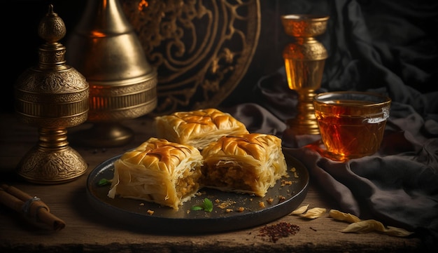 A plate of food with a golden cup of tea in the background