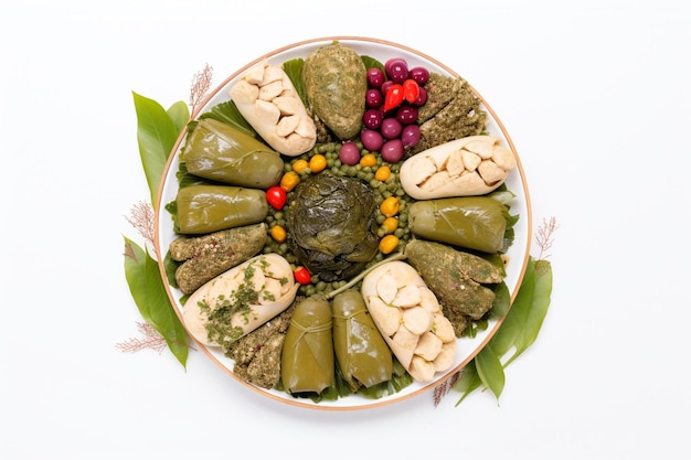 A plate of food with a green leaf on it