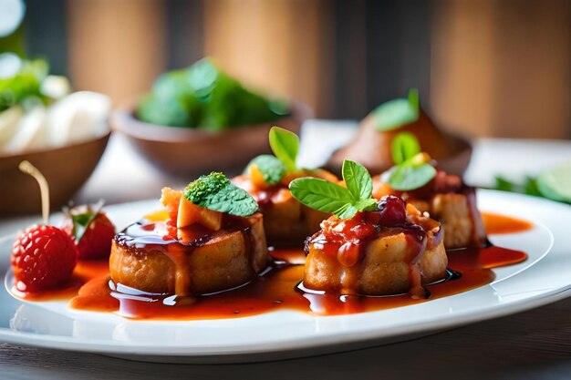 A plate of food with a green leaf on it