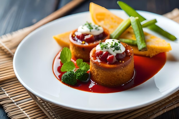 a plate of food with a green leaf on it