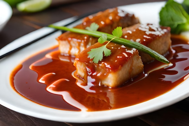 a plate of food with a green leaf on it