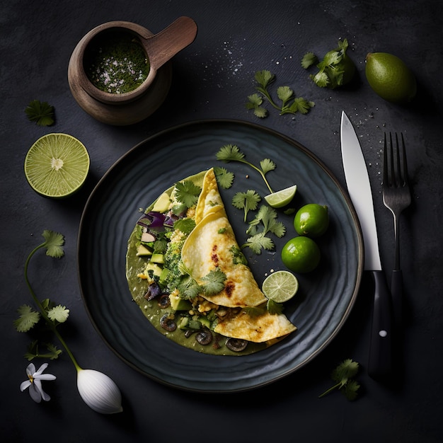 A plate of food with a green sauce and a fork next to it.