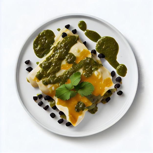 A plate of food with a green sauce on it