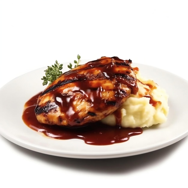 A plate of food with a grilled chicken breast and mashed potatoes in white background