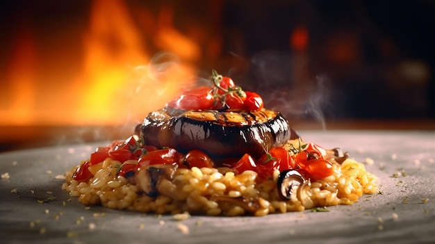 A plate of food with a grilled eggplant and tomatoes on top.