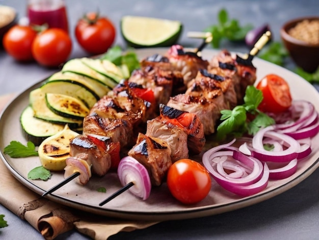 a plate of food with a grilled meat and vegetables on it