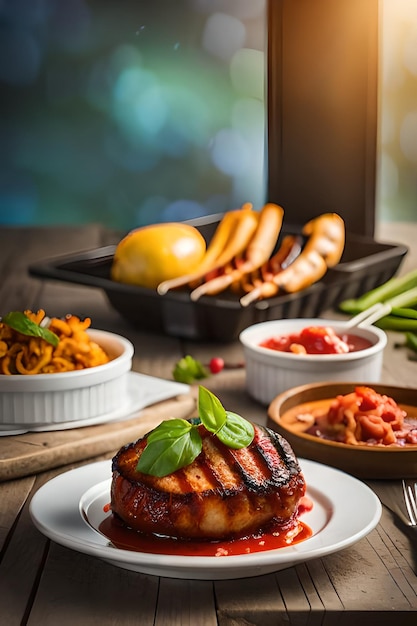 A plate of food with a grilled pork chop on it