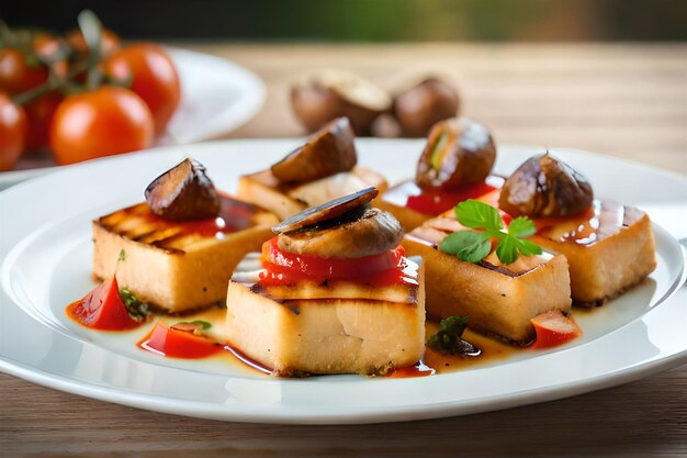 A plate of food with grilled vegetables and tomatoes