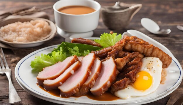 a plate of food with ham egg and a cup of tea