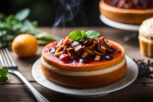 a plate of food with a hot chocolate and fruit on it