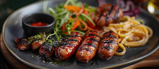 Plate of Food With Hot Dogs and Noodles