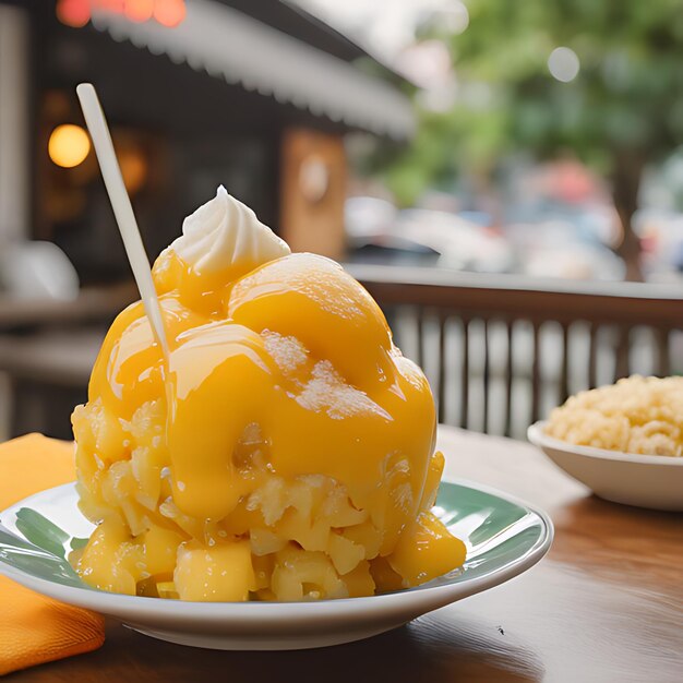 Photo a plate of food with ice cream and a fork sticking out of it