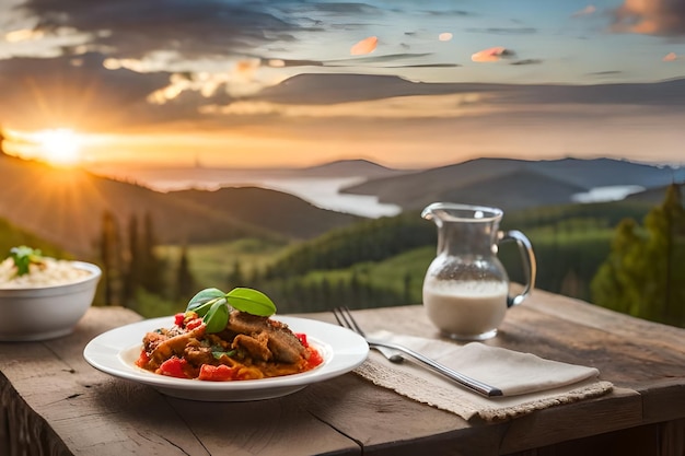 Photo a plate of food with a jug of milk and a bottle of milk.