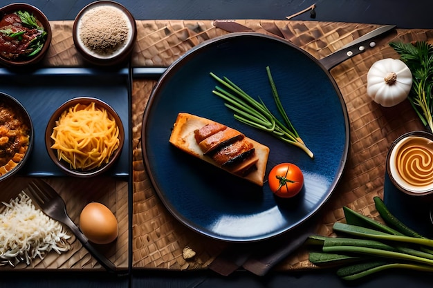 ナイフの付いた食べ物の皿とその上に食べ物の入ったボウル